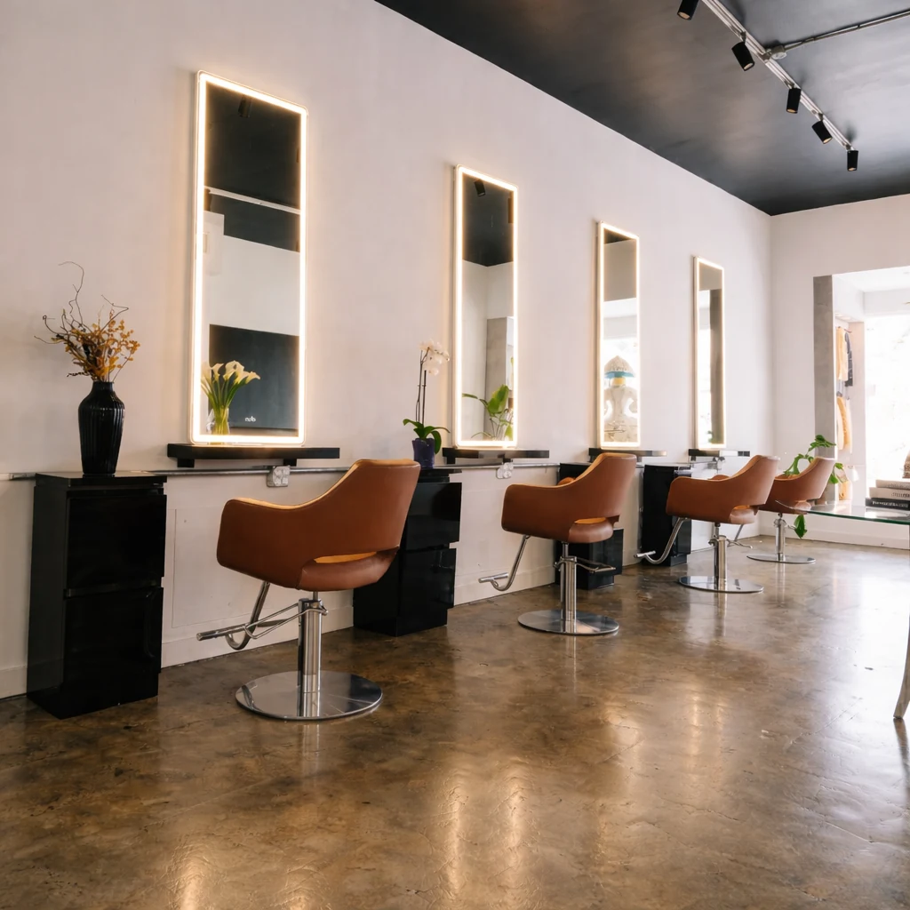 MUA Salon interior on West 3rd Street, Los Angeles, with cream walls and pink accents
